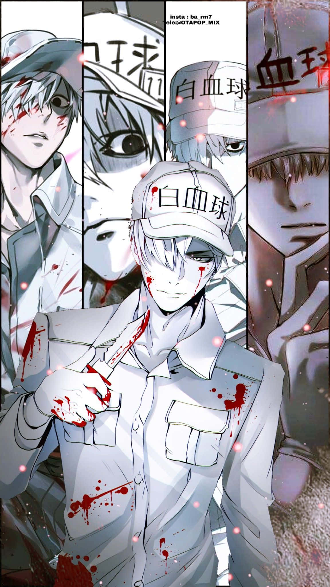 Cells At Work 桌布 壁紙 — 動漫角色身穿白色制服，帶有血跡，戴著標有「白血球」的帽子，背景為深色。