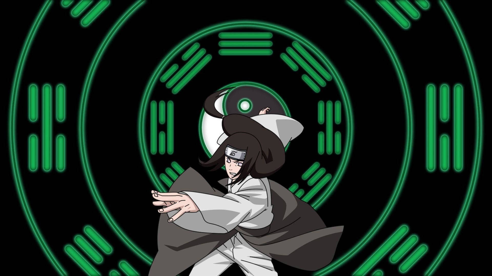 Neji 桌布 壁紙 — 動漫角色身穿白色和灰色服裝，在黑色背景前站在發光的綠色圓形封印前。