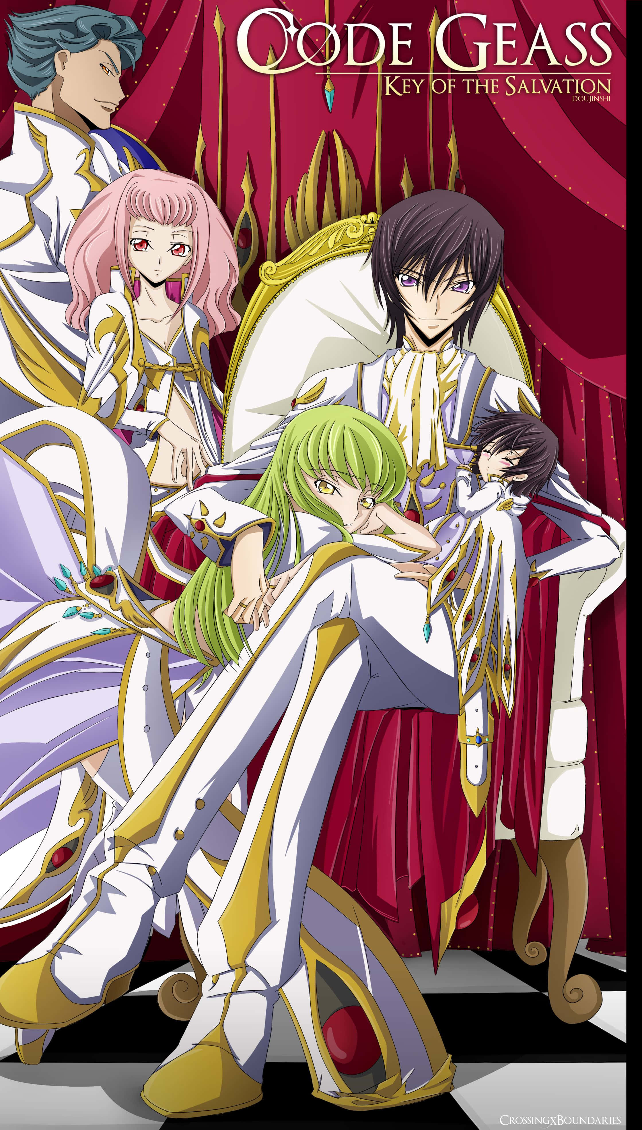 lelouch lamperouge 桌布 壁紙 — 動漫角色身穿白色和金色的皇室服裝，在紅色窗簾背景和華麗的寶座前戲劇性地擺姿勢。