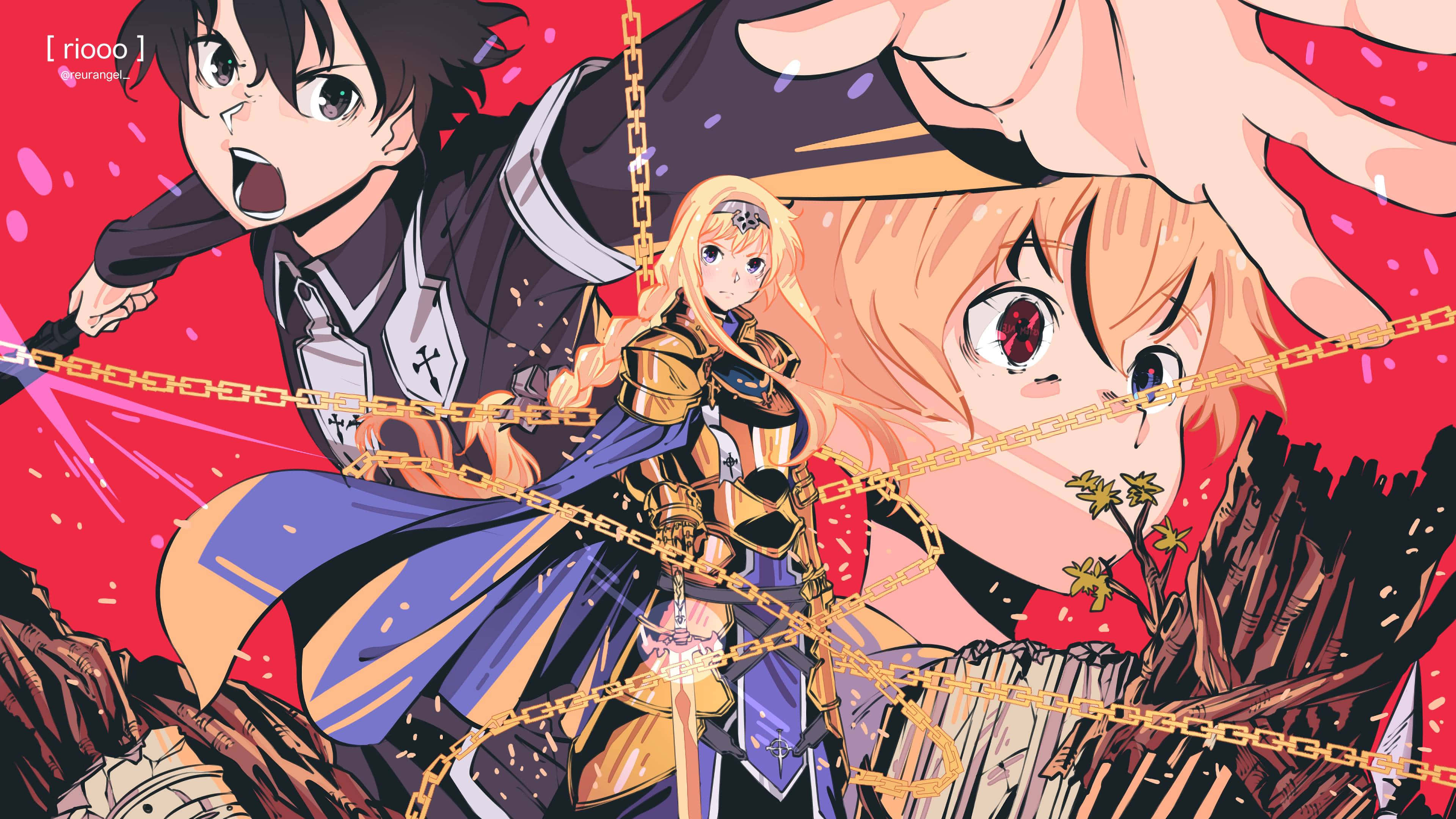 Sword Art Online Eugeo 桌布 壁紙 — 動漫角色身穿盔甲，在鮮紅色背景下用鎖鏈激烈碰撞。