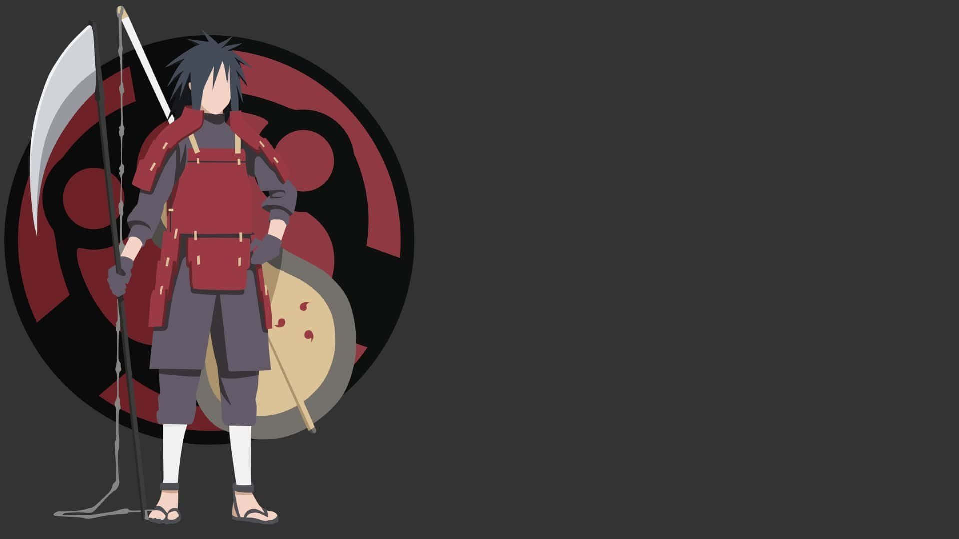Anime Minimalist 桌布 壁紙 — 動漫角色身穿紅色盔甲，手持鐮刀和盾牌，站在深色背景前，帶有紅色螺旋標誌。