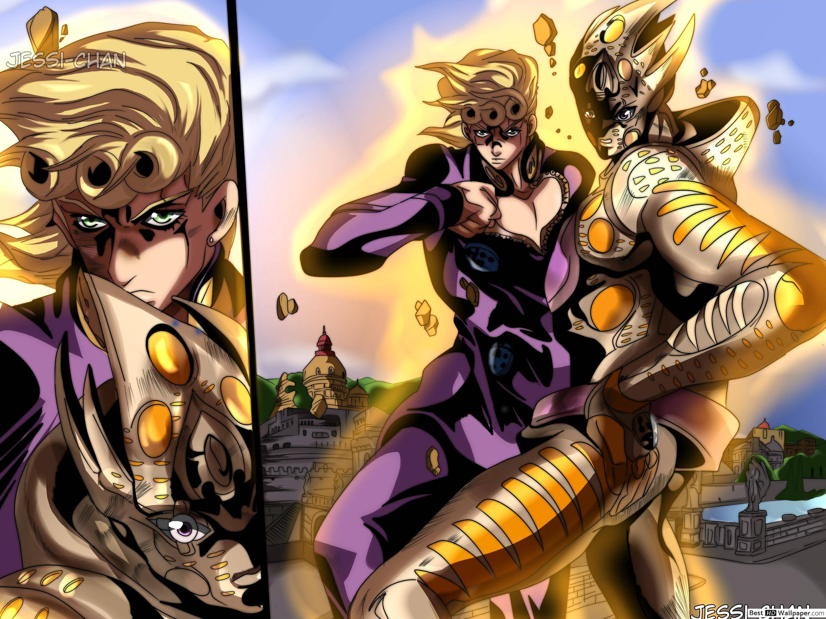 Giorno 桌布 壁紙 — 動漫角色身穿紫色西裝和金色盔甲，在陽光普照的城市背景下動態碰撞。