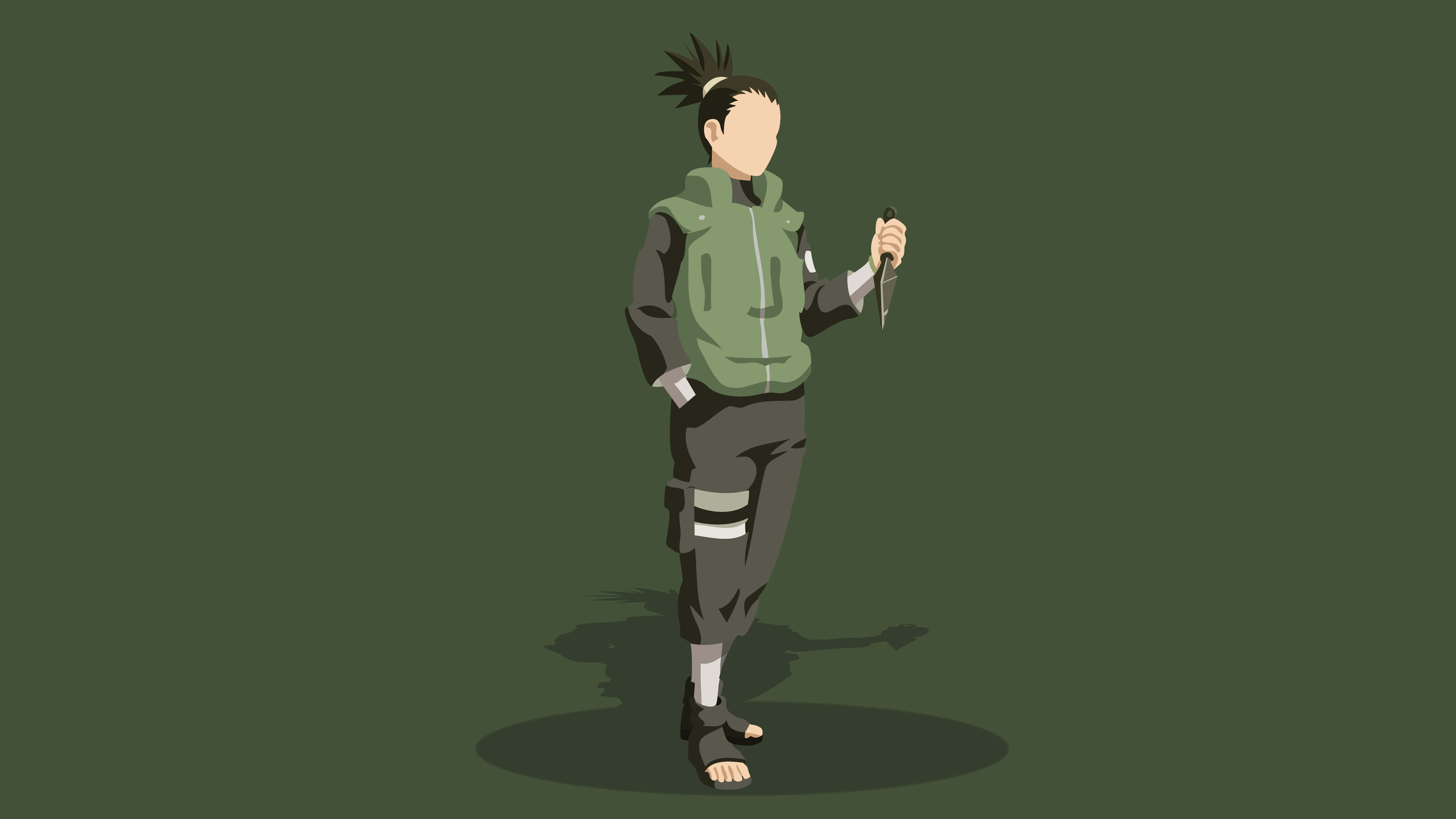 Shikamaru Nara 桌布 壁紙 — 動漫角色身穿綠色背心和深色褲子，手持苦無刀，背景為純橄欖綠色。