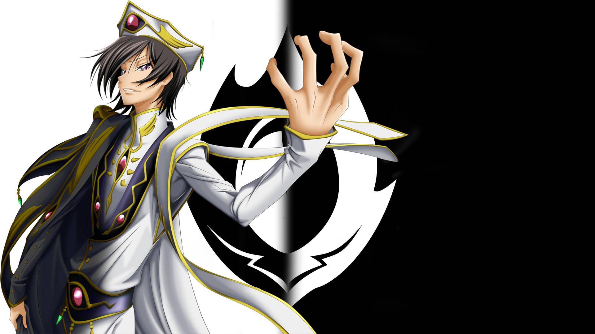 Lelouch 桌布 壁紙 — 動漫角色身穿華麗的白色和金色服裝，飾有紅色寶石，在鮮明的黑白背景前伸出手。