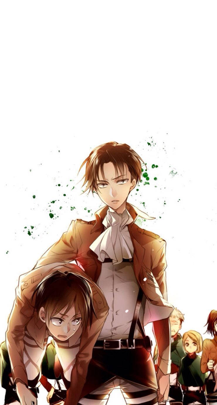 Attack On Titan iPhone 桌布 壁紙 — 動漫角色身穿軍裝，站在純白色背景前，帶有綠色油漆飛濺。
