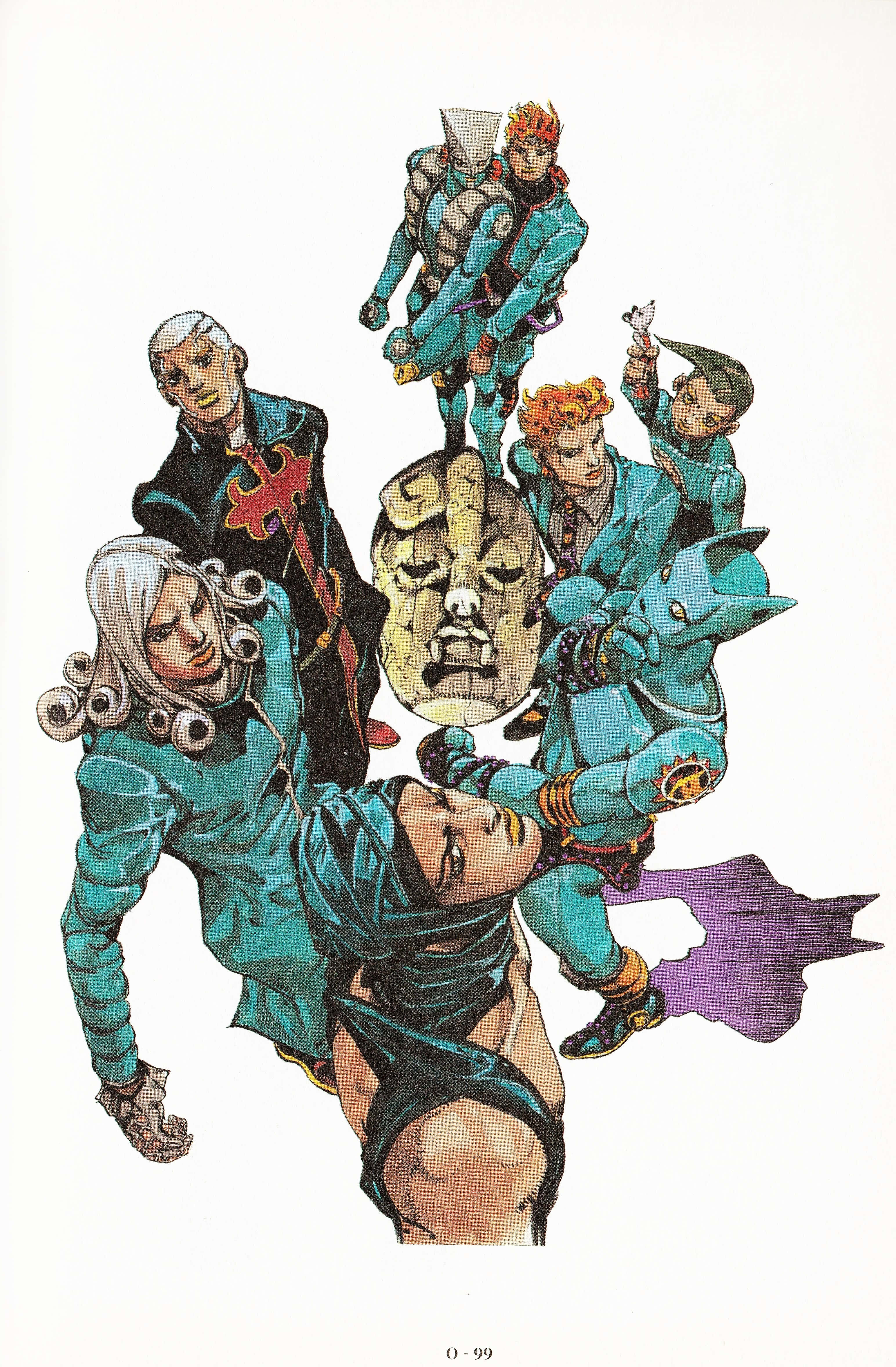 Enrico Pucci 桌布 壁紙 — 動漫角色身穿青綠色服裝，在純白背景前圍繞中央石臉戲劇性地擺出動感姿勢。