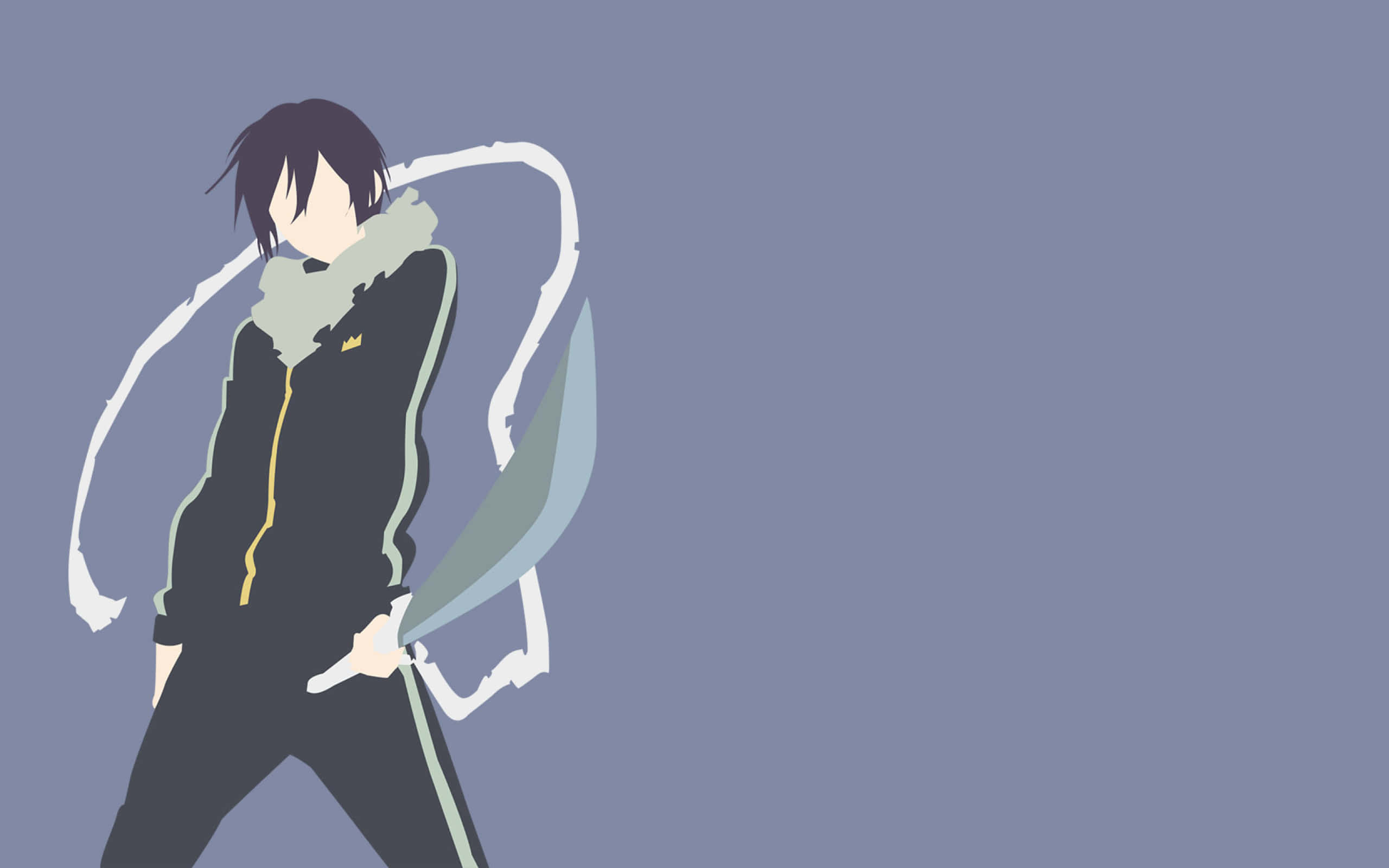 Noragami 桌布 壁紙 — 動漫角色身穿黑色外套，戴白色圍巾，手持劍，站在柔和的紫色背景前。