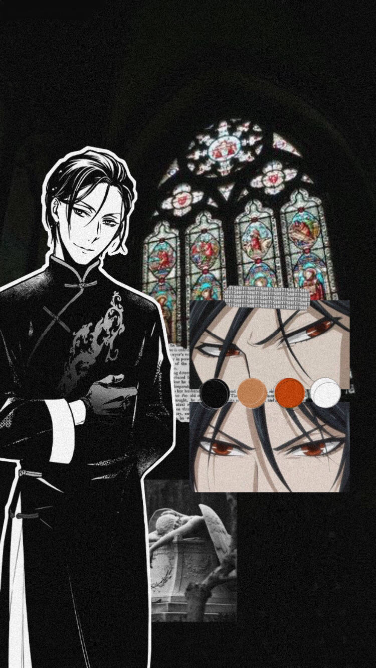Black Butler 桌布 壁紙 — 動漫角色身穿黑色外套站在彩繪玻璃窗前，有眼睛特寫和色板。