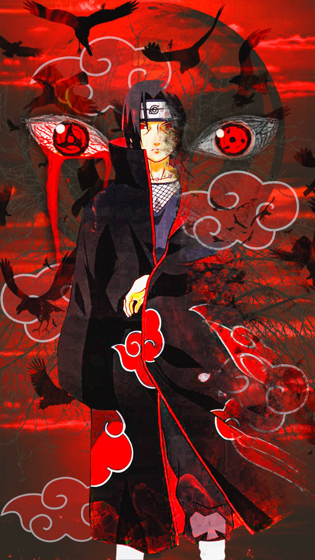 akatsuki itachi 桌布 壁紙 — 動漫角色身穿黑色斗篷，上有紅色雲朵，站在血紅色的天空下，天空滿是鳥類和巨大的寫輪眼。