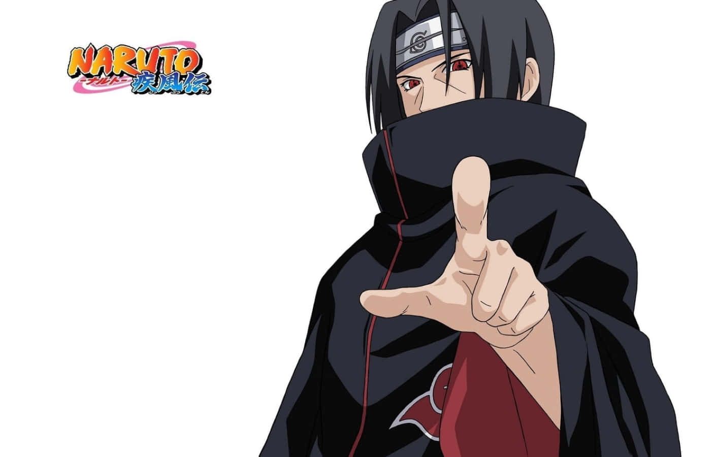 Akatsuki Ninja 桌布 壁紙 — 動漫角色身穿黑色斗篷、紅色眼睛，在白色背景前直接指向觀眾。