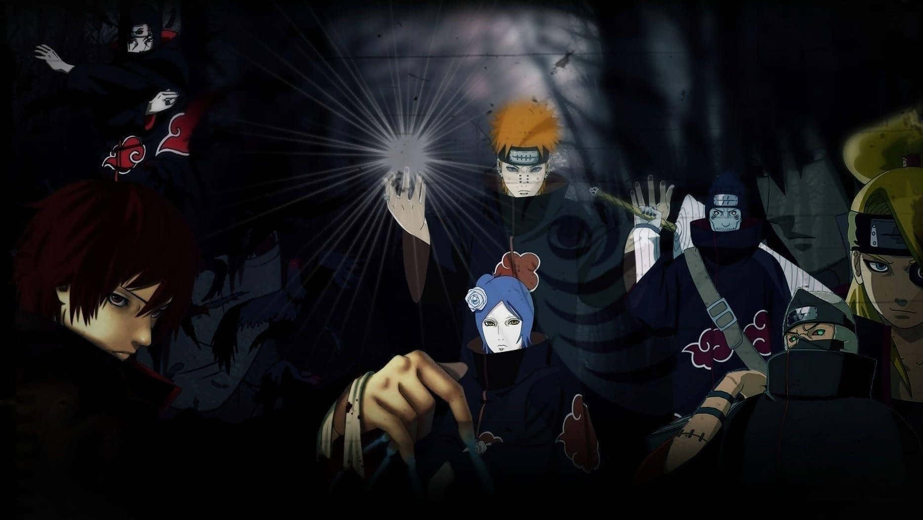 Naruto Group 桌布 壁紙 — 動漫角色身穿黑色斗篷，聚集在一個發光的球體周圍，場景陰暗而激烈。