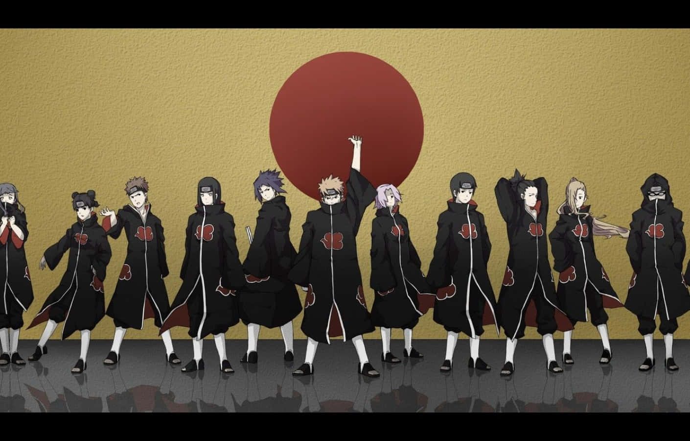 Akatsuki Naruto Shippuden 桌布 壁紙 — 動漫角色身穿黑色曉組織長袍，排成一排，背景是帶紋理的金色牆壁，身後有一個巨大的紅色太陽。