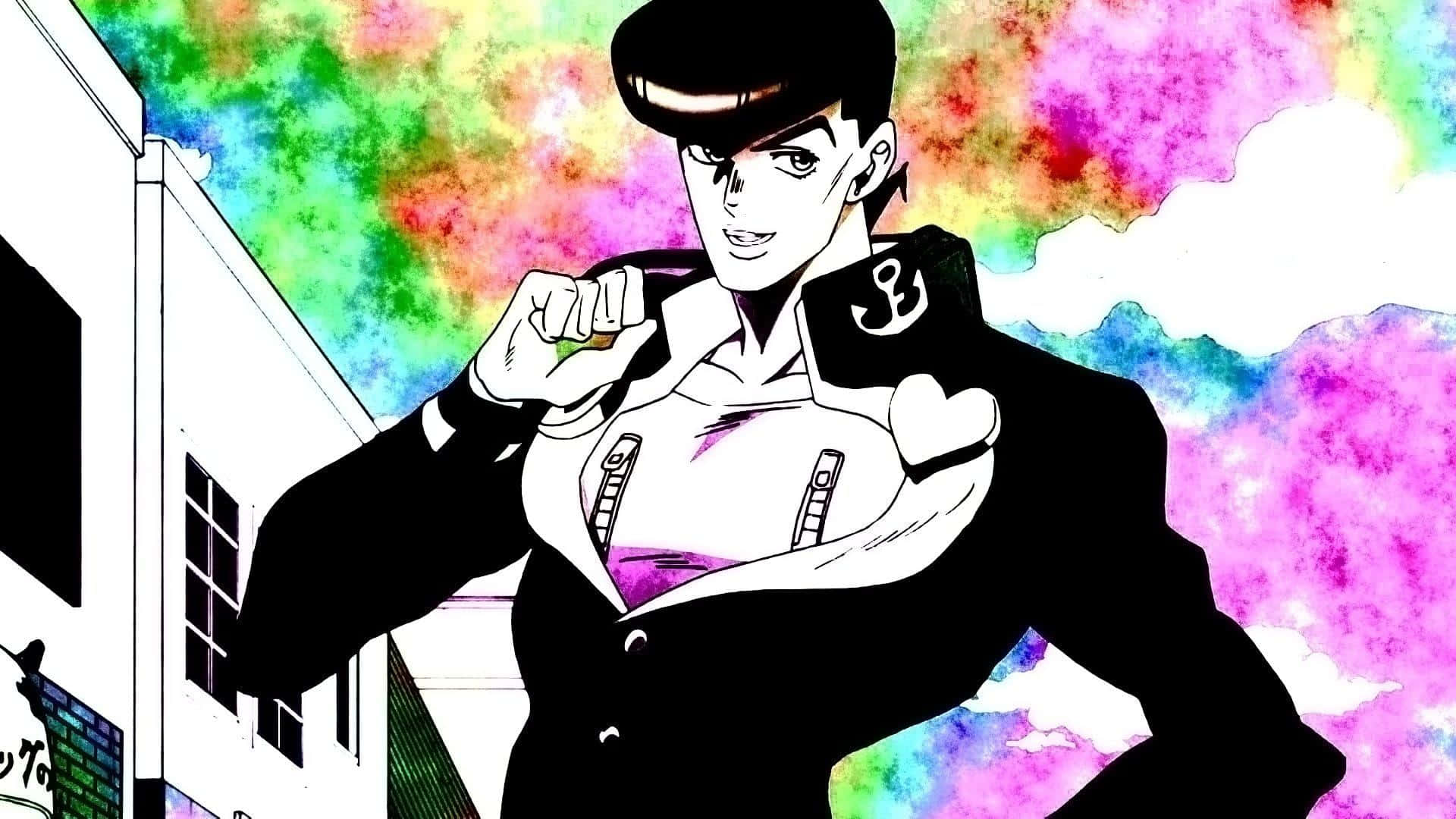 Josuke Higashikata 桌布 壁紙 — 動漫角色身穿黑色西裝，在色彩繽紛的彩虹天空下自信擺姿勢，背景有白色建築物。