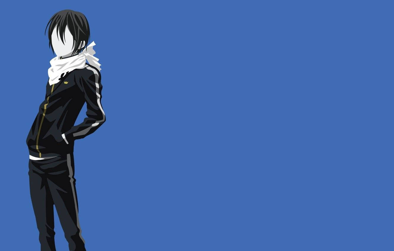 Anime Blue Boy 桌布 壁紙 — 動漫角色身穿黑色運動服和白色圍巾，獨自站在純藍色背景前。