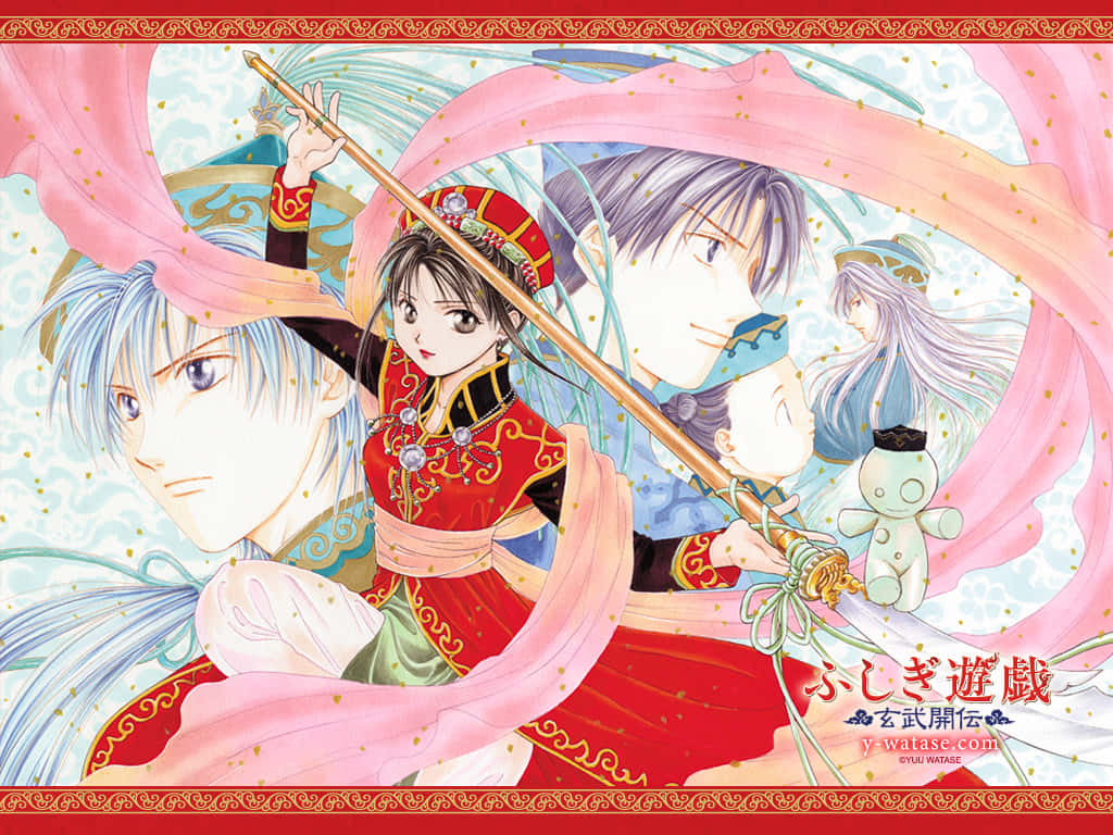 Fushigi Yuugi 桌布 壁紙 — 動漫角色身著華麗傳統服飾，在旋轉的粉紅絲帶和金色閃光中揮舞劍。
