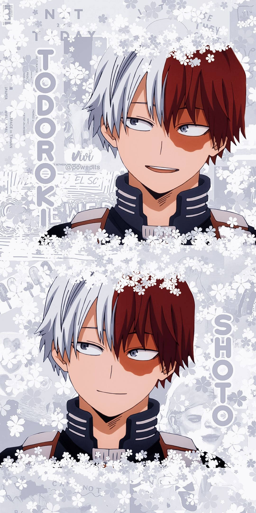 Todoroki Aesthetic 桌布 壁紙 — 動漫角色轟焦凍和Shoto，頭髮半白半紅，被白色櫻花包圍。