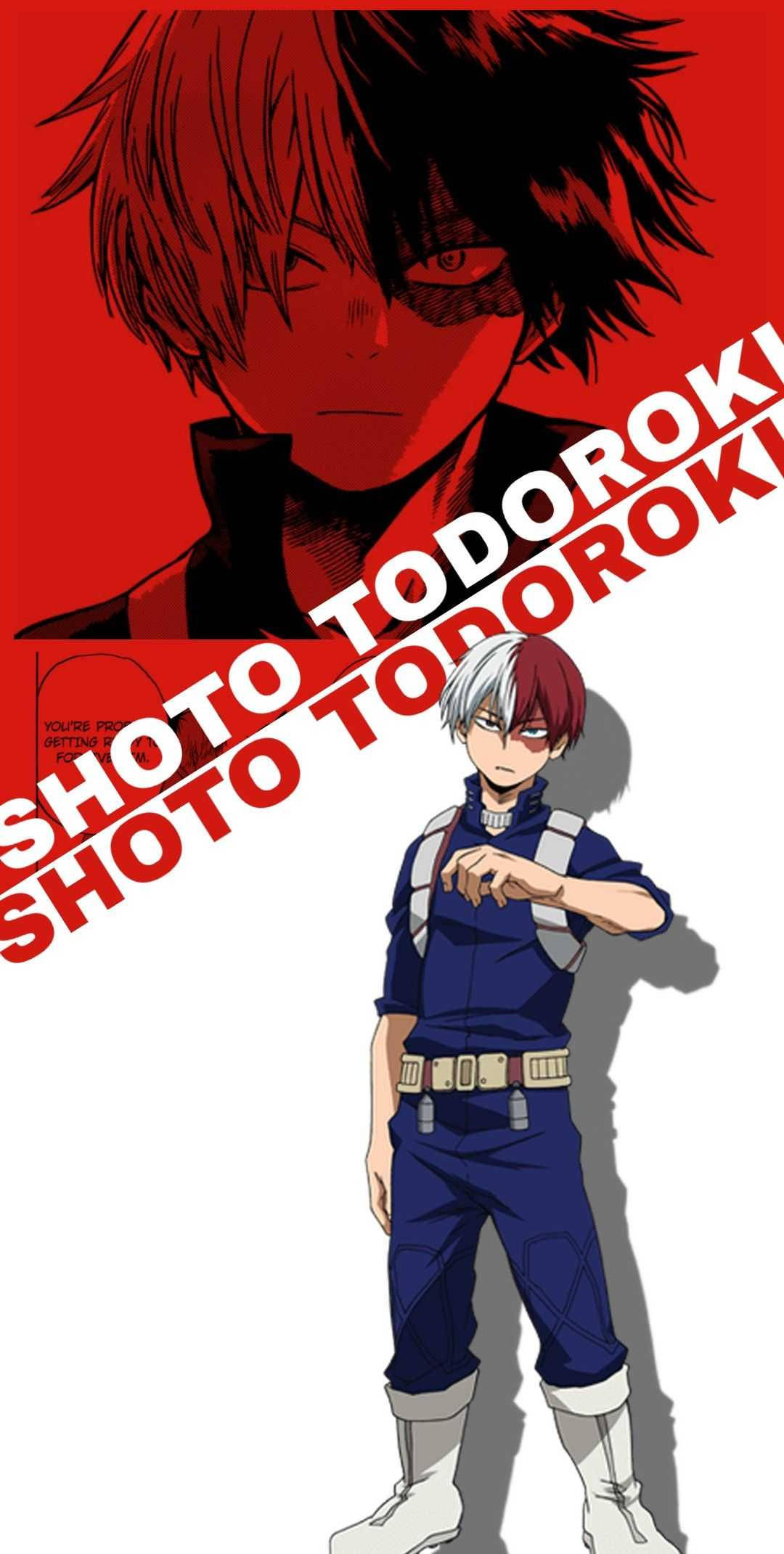 Todoroki Aesthetic 桌布 壁紙 — 動漫角色轟焦凍自信地穿著藍色制服站在大膽的紅色背景前，他的名字以大文字顯示。