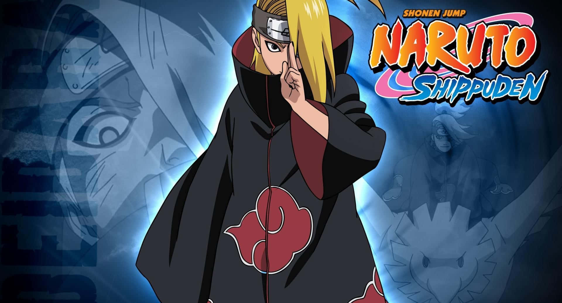 Akatsuki Naruto Shippuden 桌布 壁紙 — 動漫角色迪達拉身穿曉組織斗篷，在藍色背景上以手指放在唇邊擺姿勢，並帶有火影忍者疾風傳標誌。