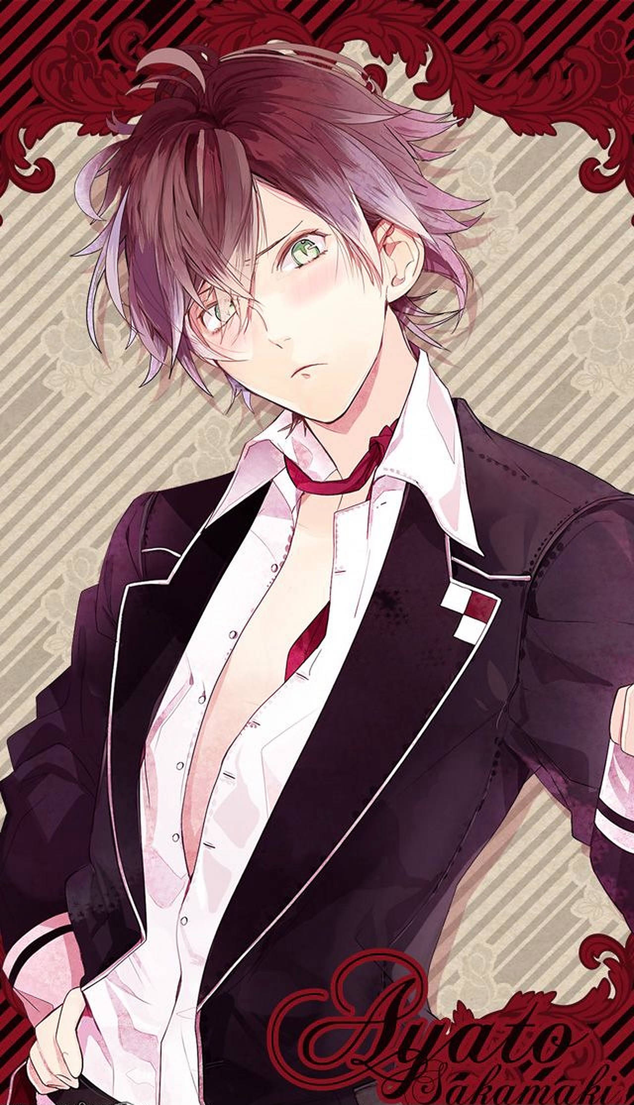 Diabolik Lovers 桌布 壁紙 — 動漫角色逆卷綾人，紫色頭髮，綠色眼睛，身穿黑色西裝，內搭白色襯衫，帶有紅色點綴，背景為條紋和華麗的紅色。
