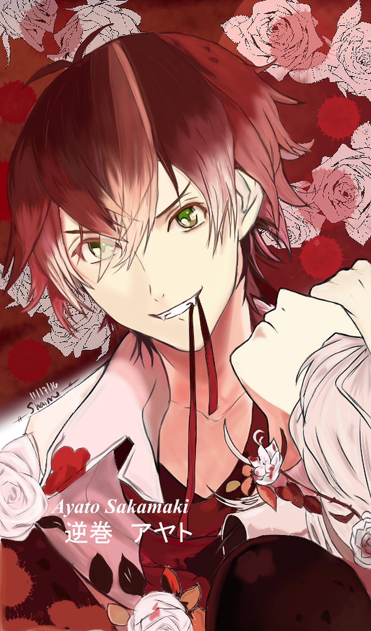 Diabolik Lovers 桌布 壁紙 — 動漫角色逆卷綾人微笑，嘴唇滴著血，背景是紅白玫瑰。