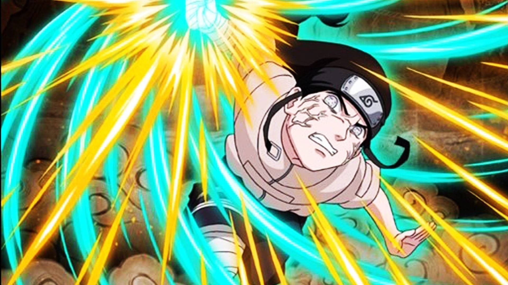 Neji 桌布 壁紙 — 動漫角色釋放出強大的能量爆炸，發出黃色和青色的光芒向外輻射。