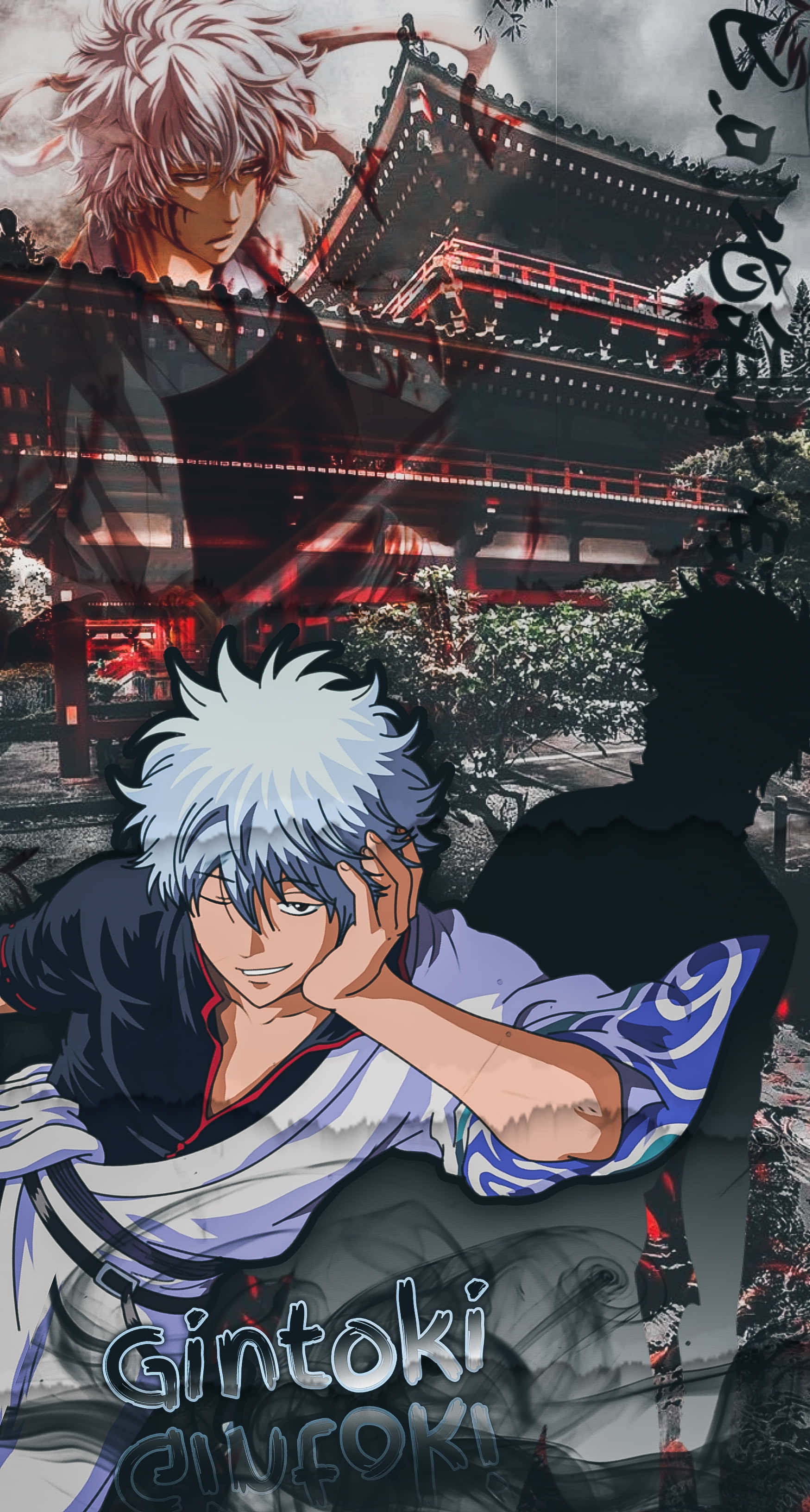 銀魂 桌布 壁紙 — 動漫角色銀時，有著尖刺的白髮，坐在一個傳統日本神社前，有紅色燈籠和烏雲。