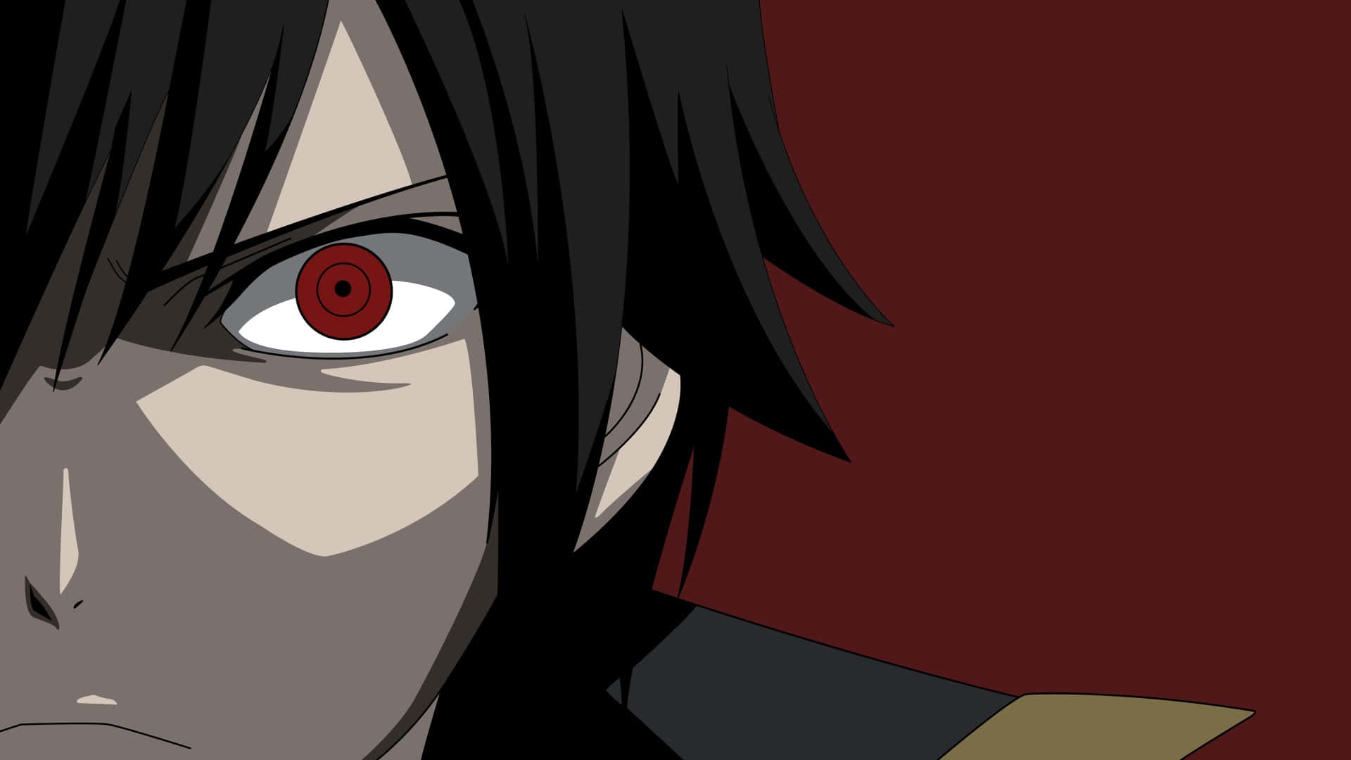 Zeref Dragneel 桌布 壁紙 — 動漫角色銳利眼睛的特寫，瞳孔呈紅色螺旋狀，背景為深紅色。