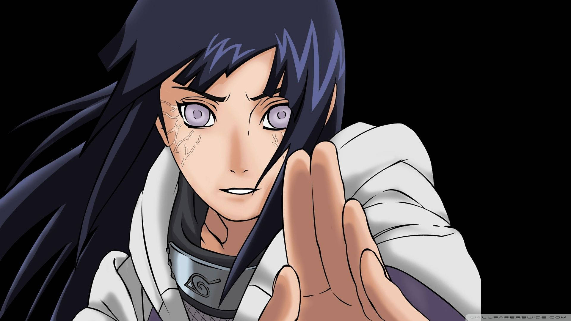 Hinata Hyuga 桌布 壁紙 — 動漫角色長黑髮紫眼，在黑色背景前結手印。