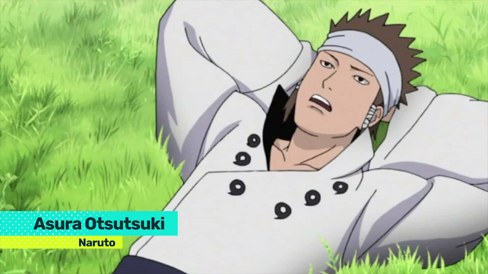 Asura ōtsutsuki 桌布 壁紙 — 動漫角色阿修羅大筒木躺在充滿活力的綠色草地上，穿著帶有黑色紐扣的白色外套。