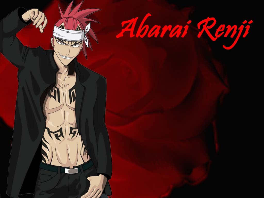 Renji Abarai 桌布 壁紙 — 動漫角色阿散井戀次在深紅色玫瑰背景前自信地擺姿勢，他的名字以紅色字體呈現。