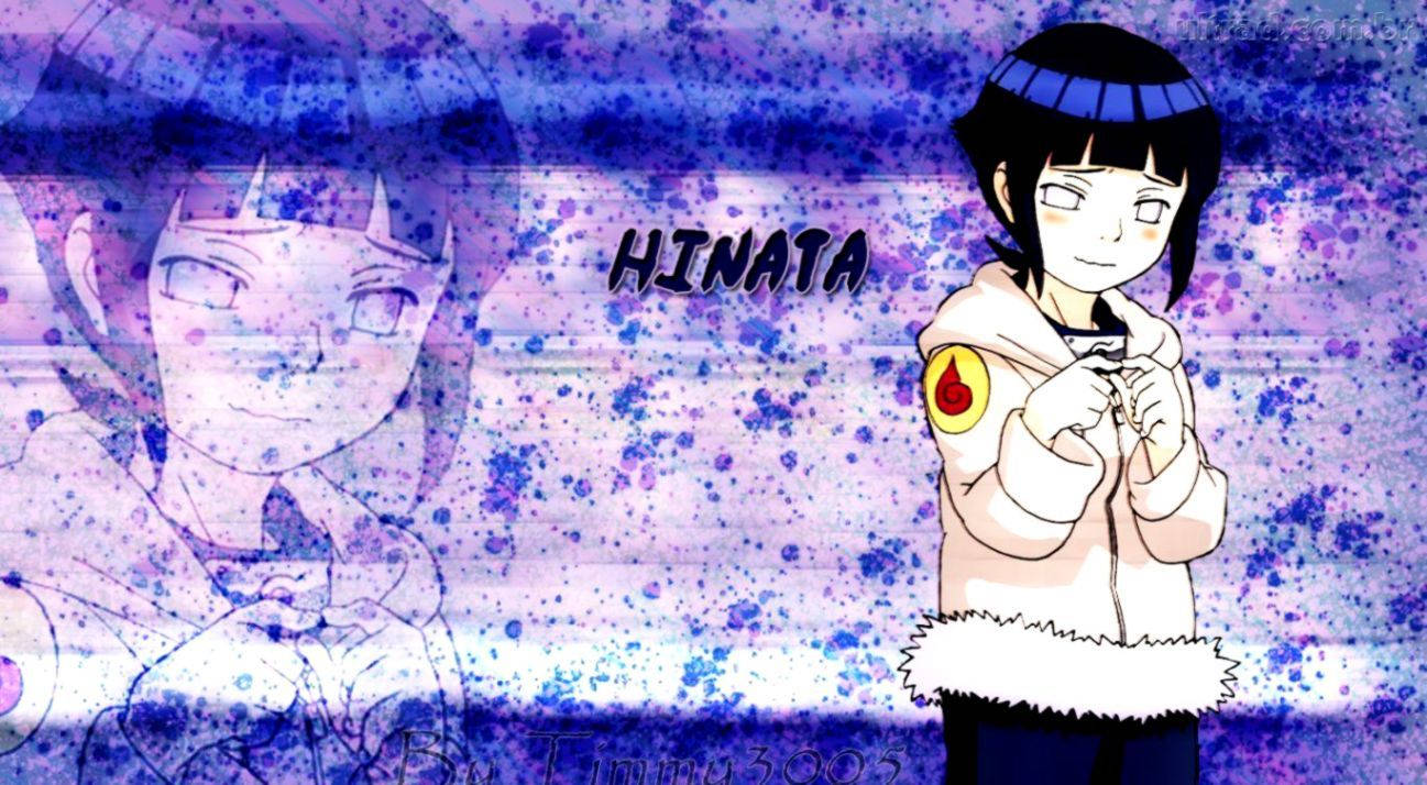 Hinata Hyuga 桌布 壁紙 — 動漫角色雛田穿著白色外套，背景為紫色潑濺，並顯示她的名字。