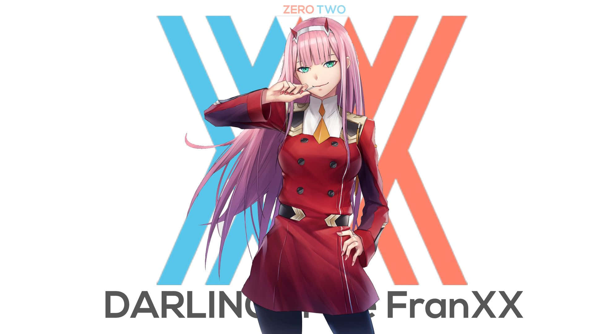 DARLING in the FRANXX 桌布 壁紙 — 動漫角色零二穿著紅色外套，自信地擺姿勢，背景是風格化的藍色和橙色X標誌。