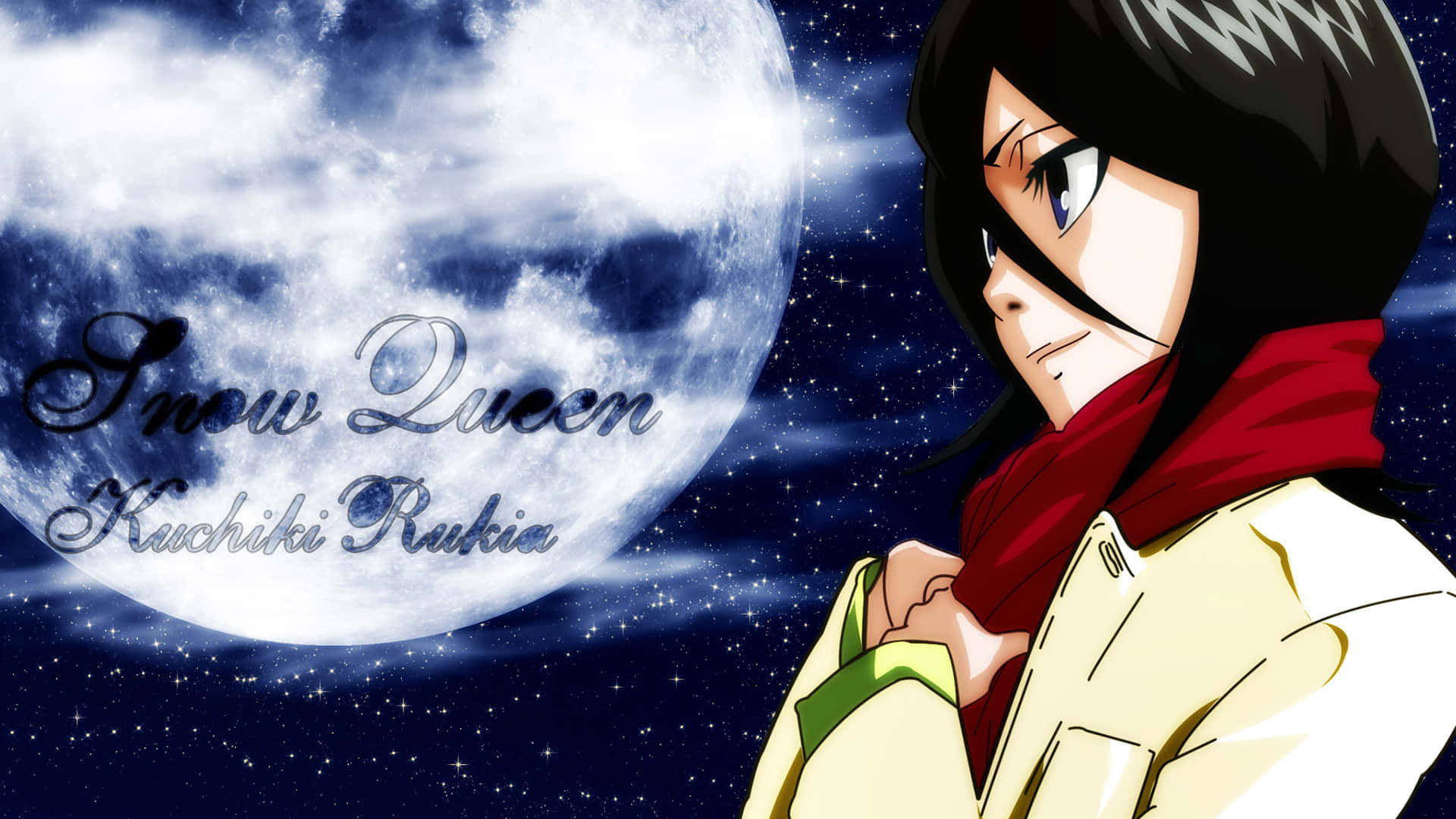Rukia Kuchiki 桌布 壁紙 — 動漫角色露琪亞站在星空之夜，在巨大月亮下，戴著紅色圍巾和黃色外套。