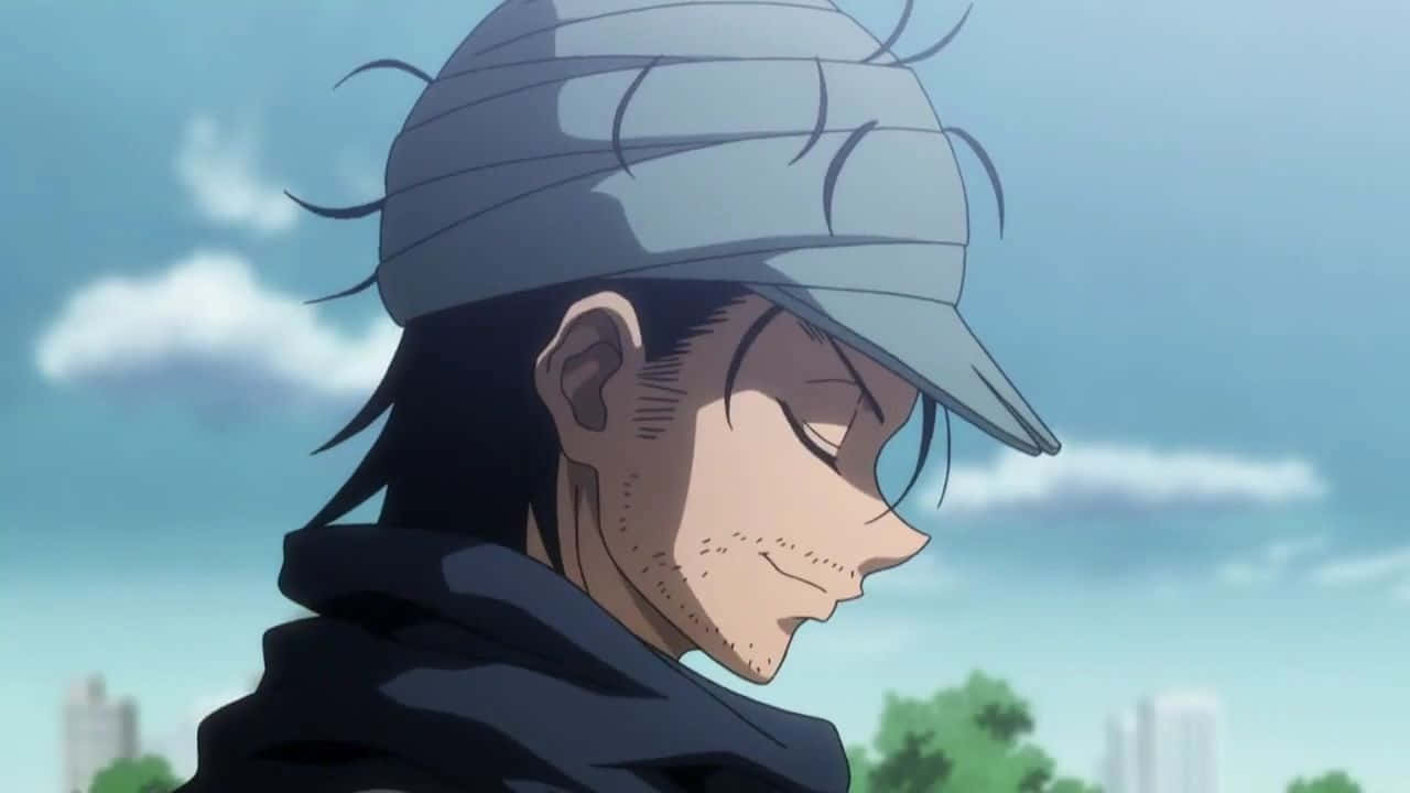Ging Freecss 桌布 壁紙 — 動漫角色頭纏繃帶、戴著帽子，在藍天白雲下低頭凝視。