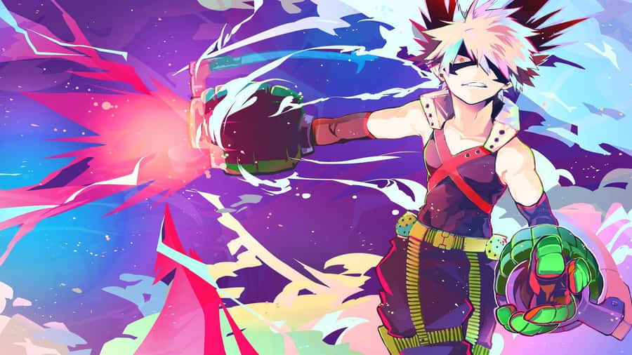 Gay Anime 桌布 壁紙 — 動漫角色頭髮尖刺，向前出拳，在宇宙背景中釋放出充滿活力的粉紅色和藍色能量。