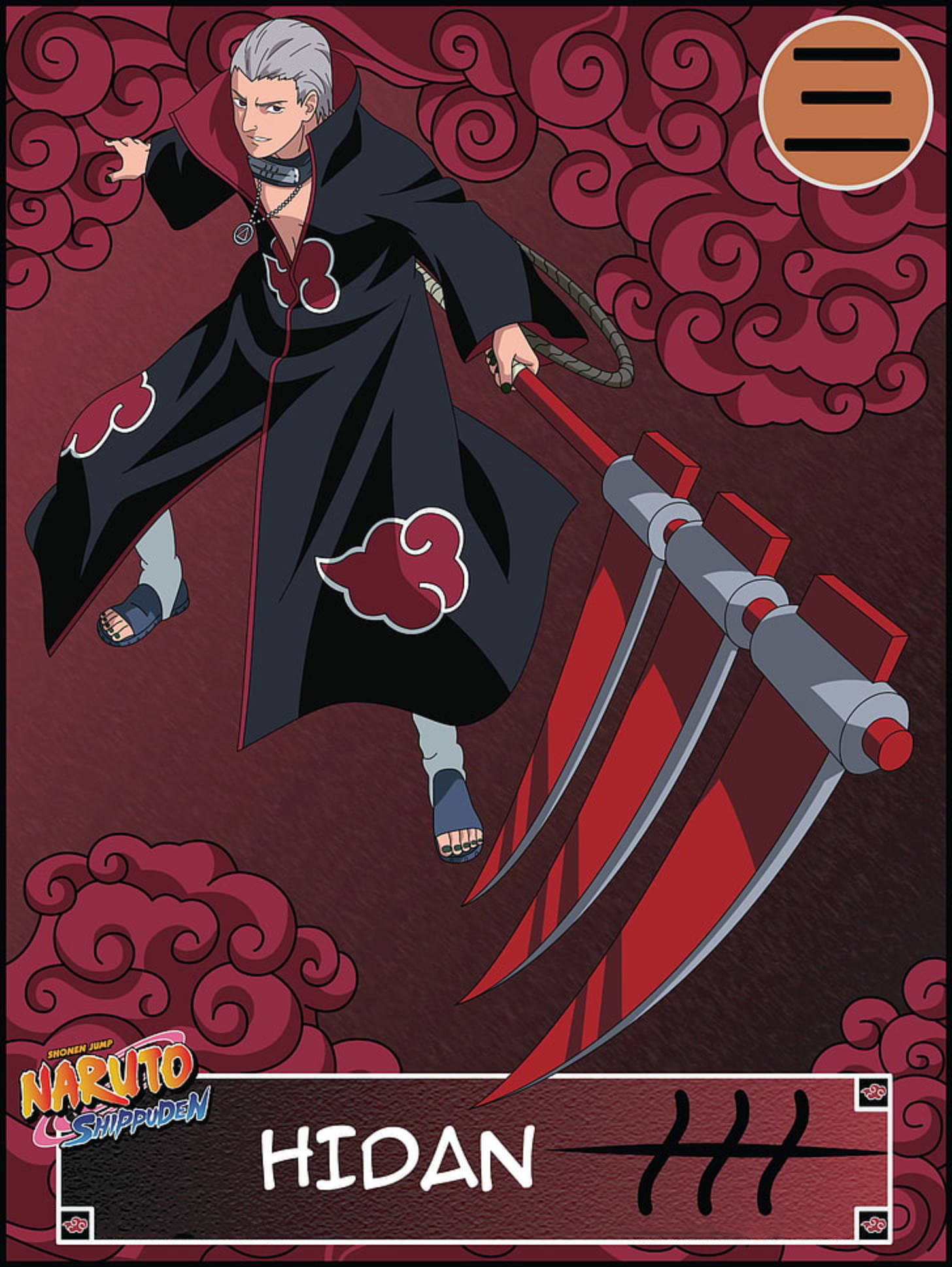 hidan akatsuki 桌布 壁紙 — 動漫角色飛段身穿帶有紅雲的黑色斗篷，在旋轉的紅雲背景下揮舞著一把大鐮刀。