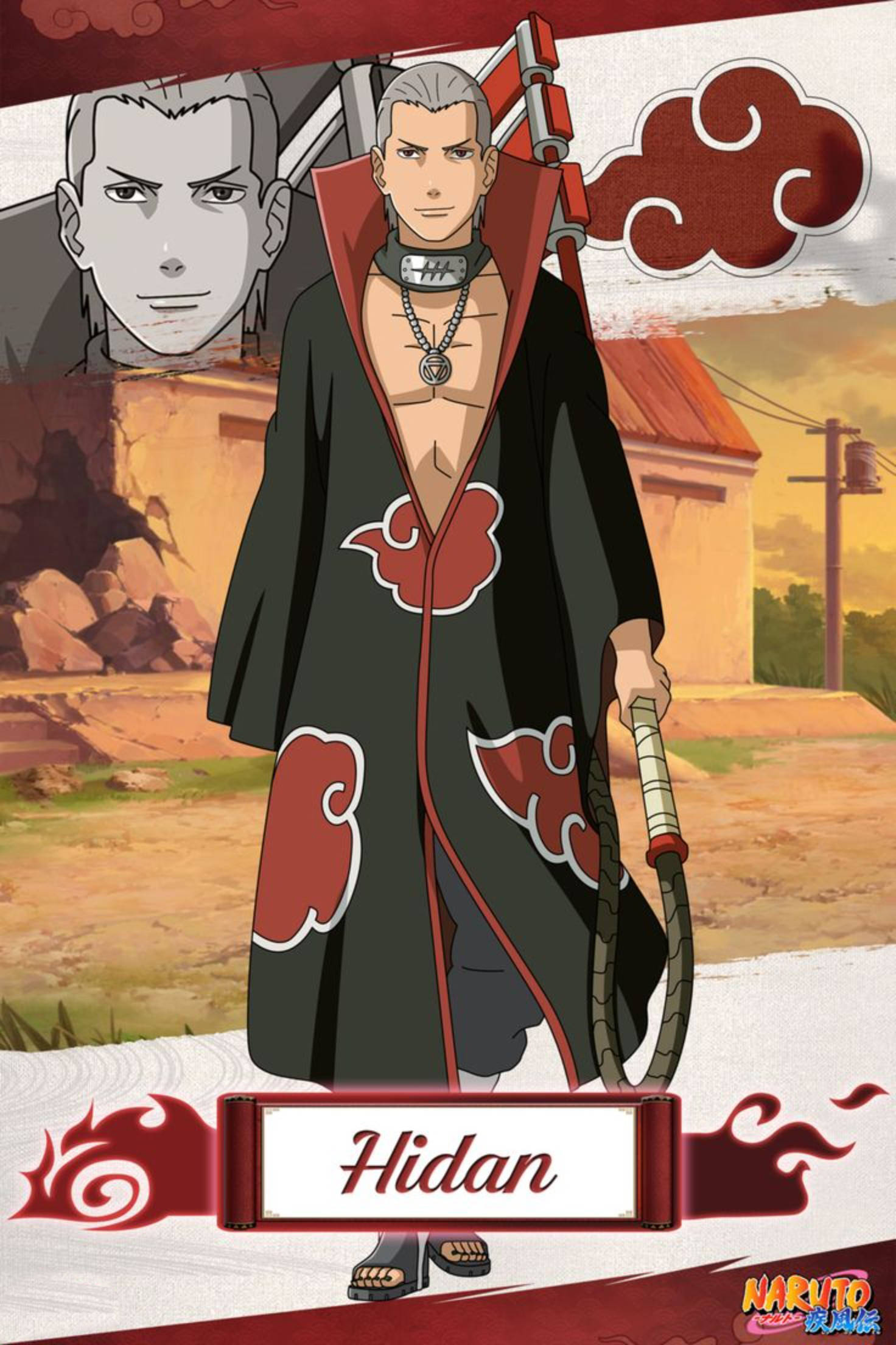 hidan akatsuki 桌布 壁紙 — 動漫角色飛段身穿曉組織斗篷，手持武器，站在沙漠村莊中，帶有紅色雲紋標誌。