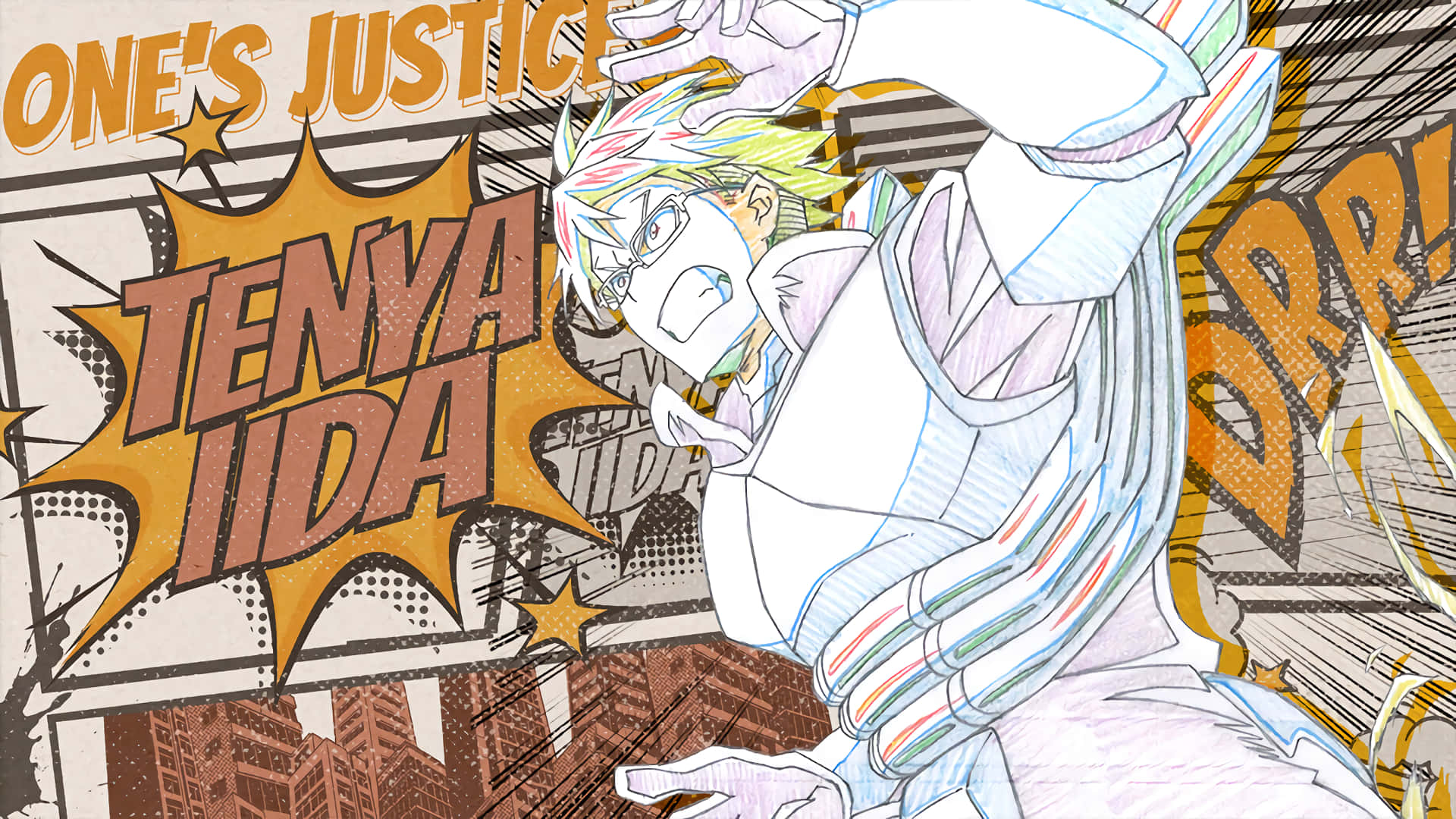 Tenya Iida 桌布 壁紙 — 動漫角色飯田天哉以漫畫風格的對話氣泡和粗體文字擺出動態動作姿勢。