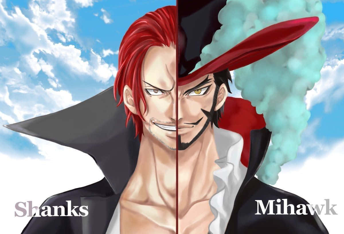 Dracule Mihawk 桌布 壁紙 — 動漫角色香克斯和米霍克的垂直分割肖像，背景是明亮的藍天和白雲。