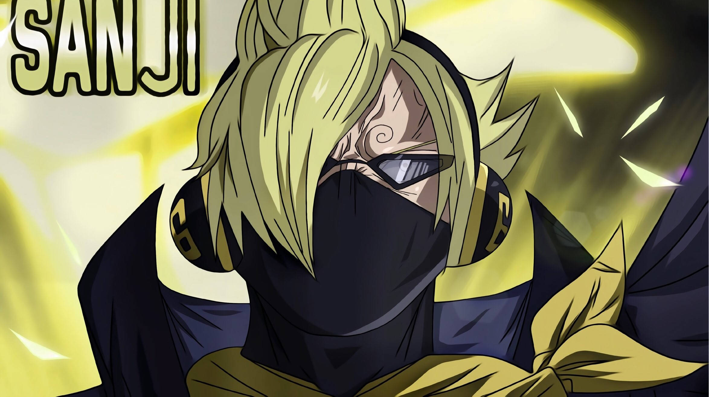 Sanji 桌布 壁紙 — 動漫角色香吉士，金髮黑面具，站在發光的黃色背景前。
