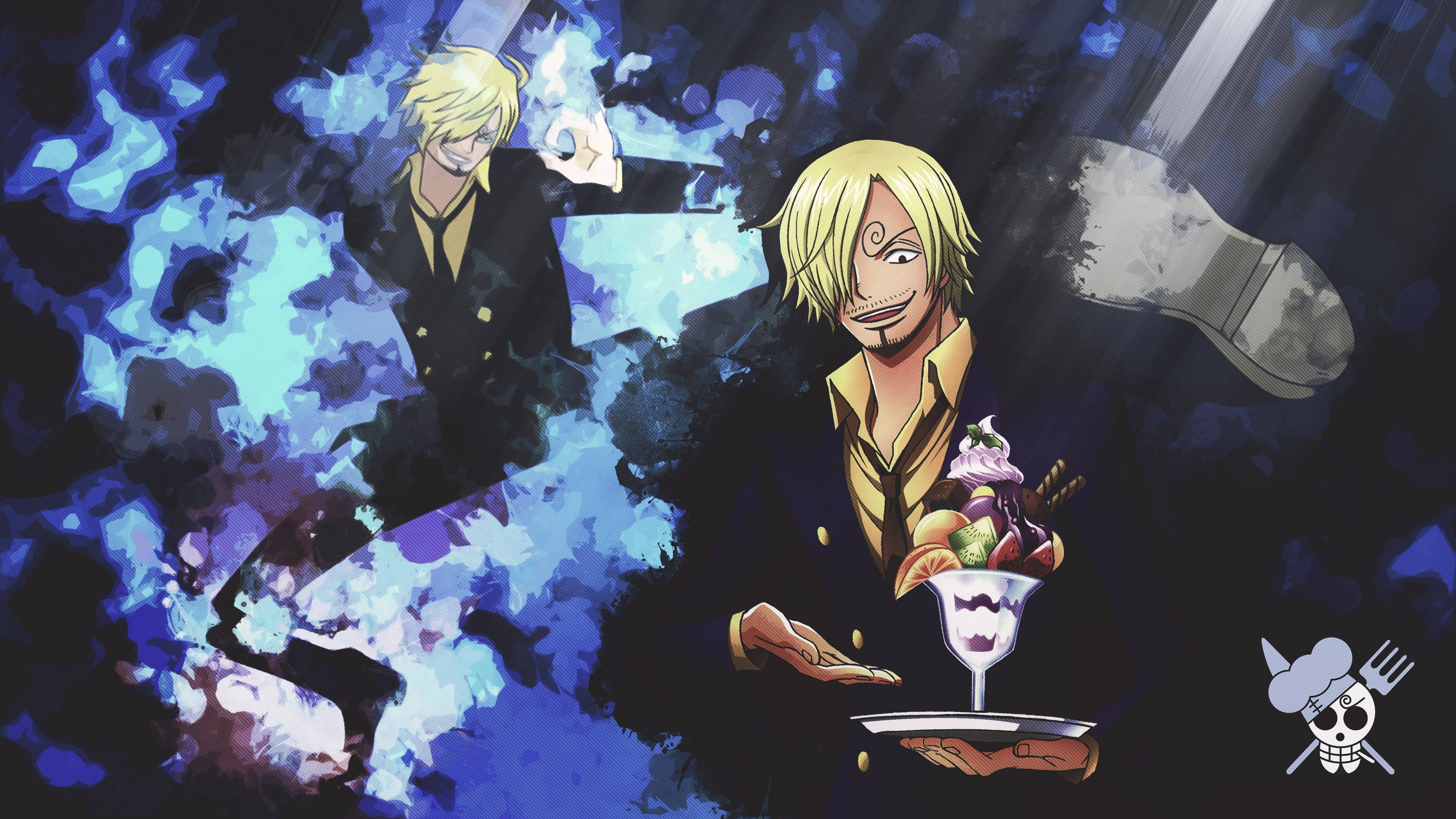 Sanji 桌布 壁紙 — 動漫角色香吉士在旋轉的藍色火焰下提供色彩繽紛的甜點，身後有一隻巨大的靴子若隱若現。