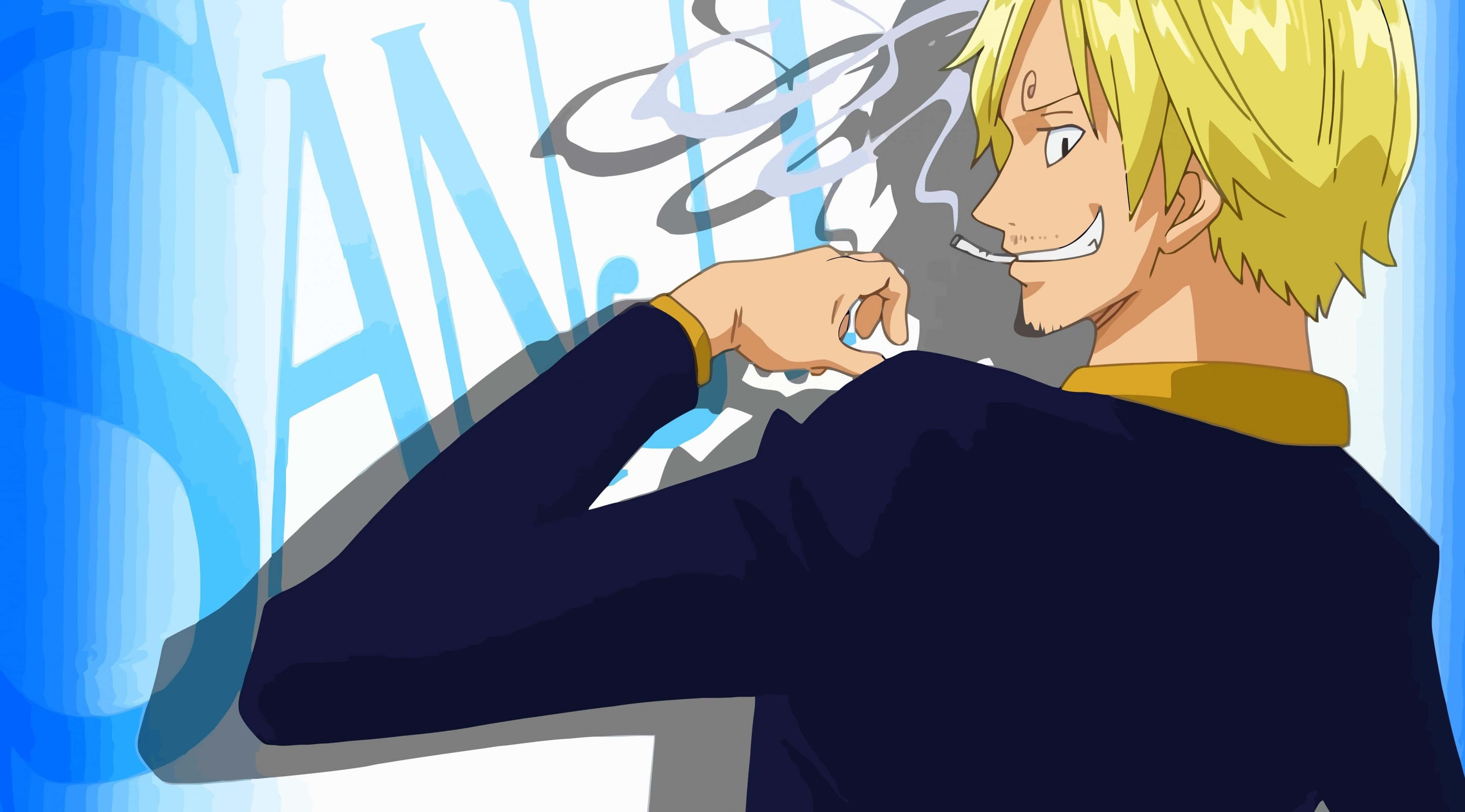 Sanji 桌布 壁紙 — 動漫角色香吉士在藍色漸層背景前自信地微笑抽煙，他的名字以風格化字體呈現在他身後。