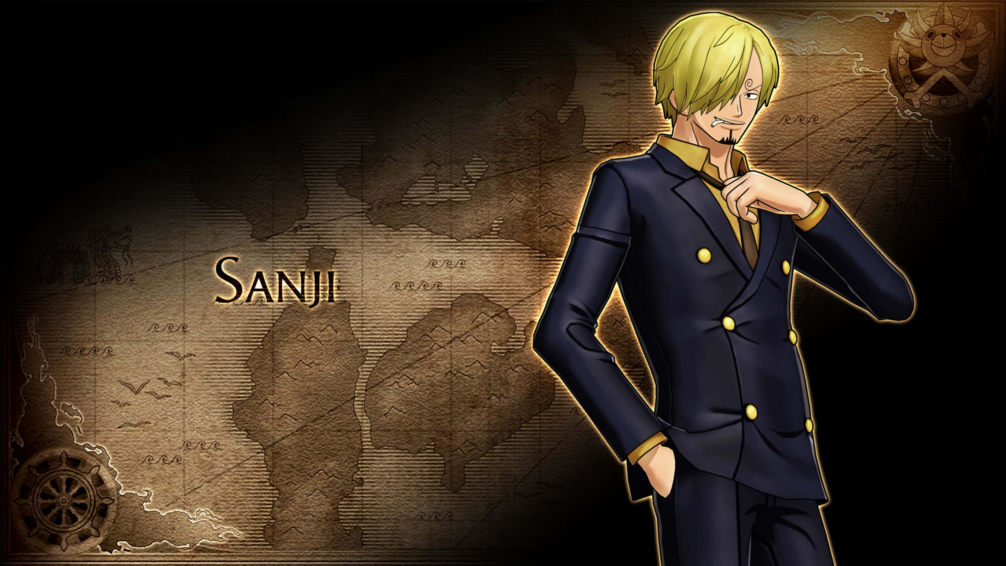 Sanji 桌布 壁紙 — 動漫角色香吉士身穿海軍藍西裝，自信地站在帶有船輪圖案的復古地圖背景前。