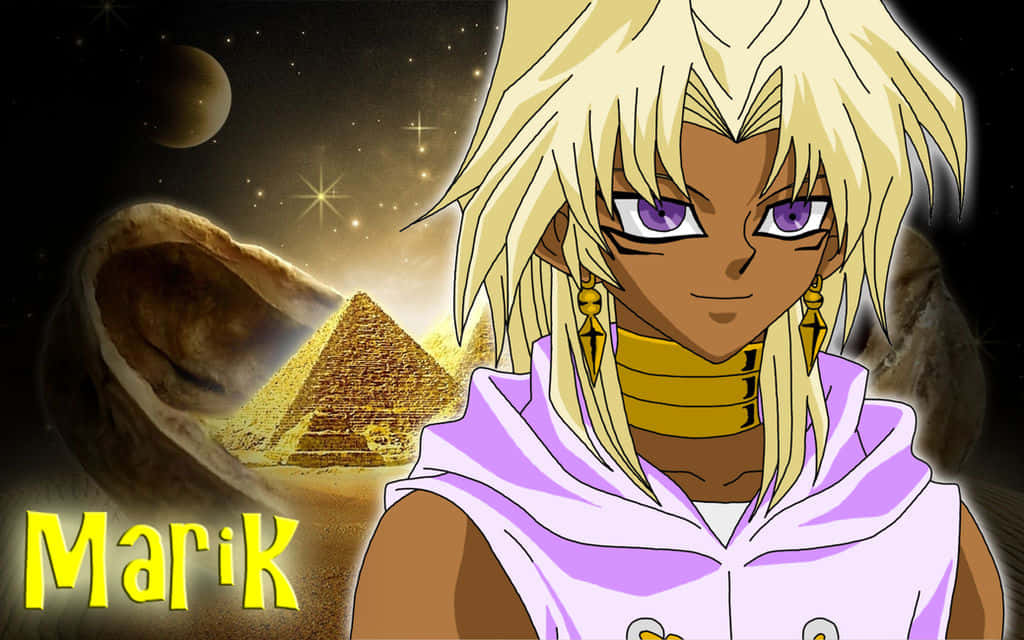 Marik Ishtar 桌布 壁紙 — 動漫角色馬利克，金髮紫眼，站在星空宇宙下發光的金字塔前。