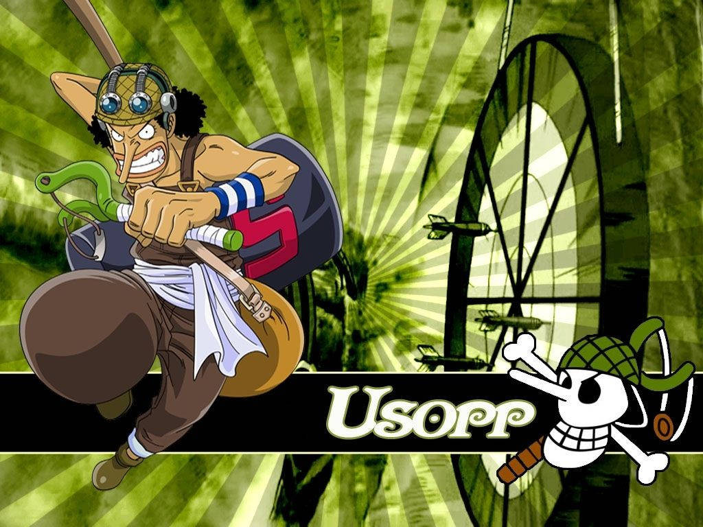one piece usopp 桌布 壁紙 — 動漫角色騙人布以動態姿勢揮舞巨型彈弓，背景為綠色放射光芒及海盜船方向盤。