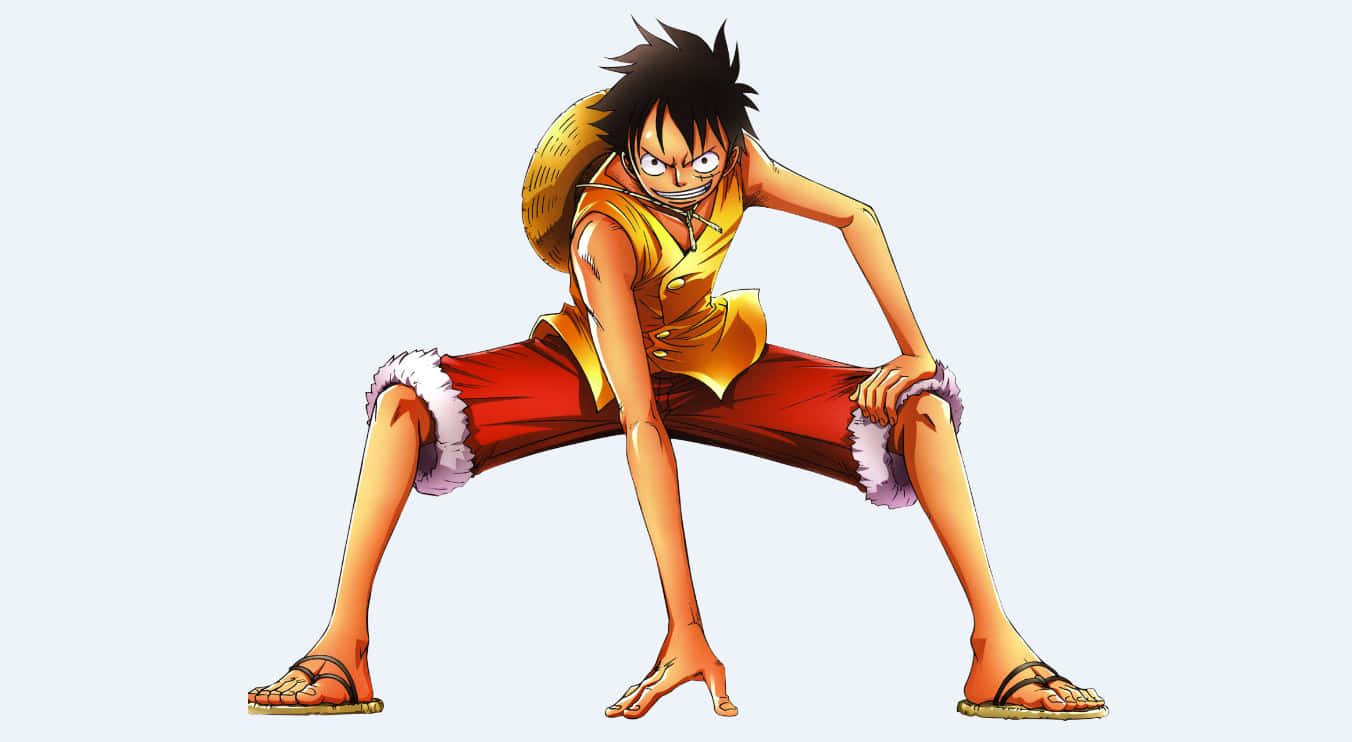One Piece Characters 桌布 壁紙 — 動漫角色魯夫以動態戰鬥姿勢，戴著草帽和紅色短褲，背景簡潔。