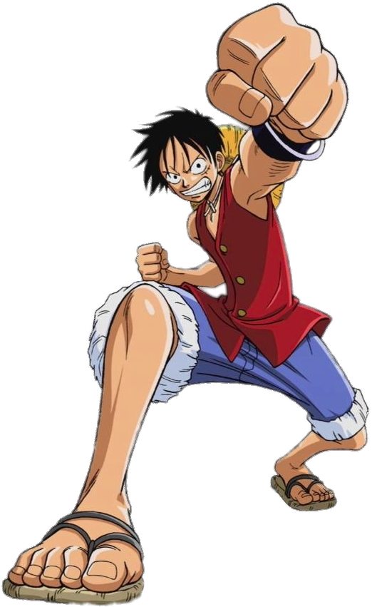 蒙其·D·魯夫 桌布 壁紙 — 動漫角色魯夫以動態戰鬥姿勢，舉起一拳，露出堅定的笑容。