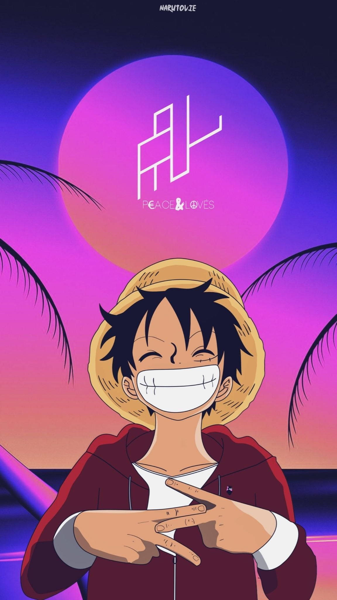 海賊王 桌布 壁紙 — 動漫角色魯夫在巨大的紫色日落和棕櫚葉框景下開心地微笑。