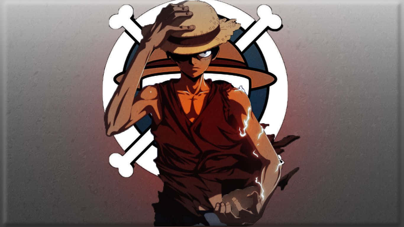 Cool Luffy 桌布 壁紙 — 動漫角色魯夫戴著草帽和紅色背心，自信地站在骷髏頭和交叉骨標誌前，手臂上閃爍著閃電。