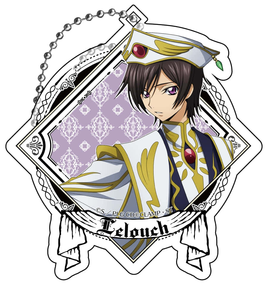 lelouch lamperouge 桌布 壁紙 — 動漫角色魯路修穿著華麗的白色和金色制服，紫色眼睛和紅色寶石點綴在裝飾性六角形鑰匙圈上。